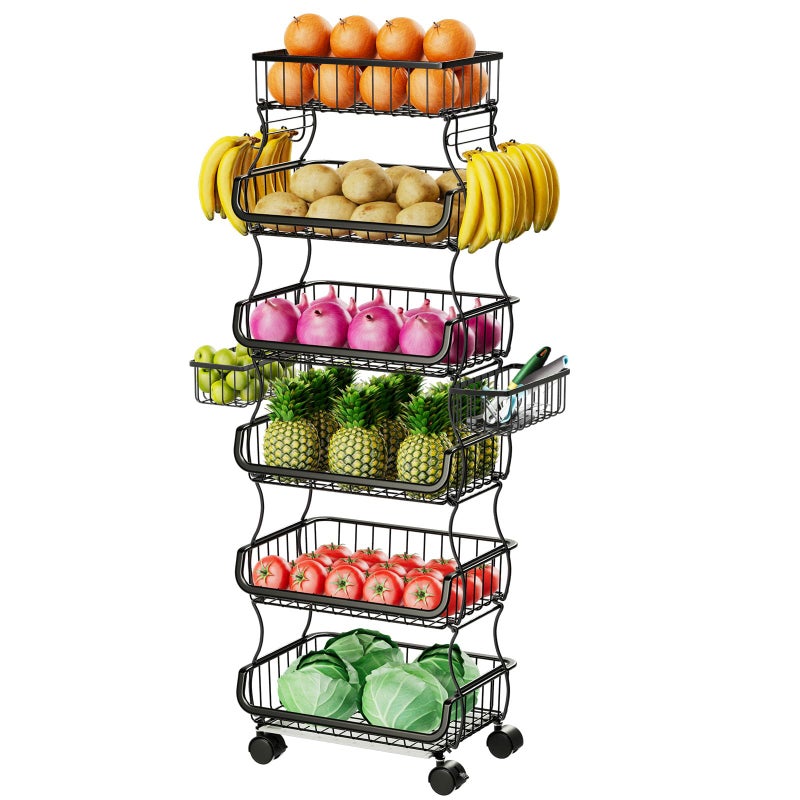 Simple Trending 6 Tier Rolling Cart Stackable Fruit Vegetable Basket with Wheels and 2 Hanging Basket Kitchen Storage Metal Wire Basket Stand for Vegetable Bread Snacks Black