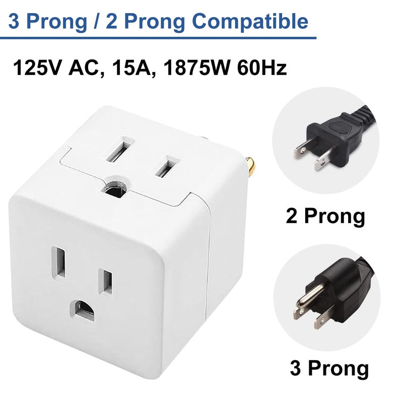 PaeorRorL Outlet Splitter 3 Prong,3 Outlet Wall Adapter,Cube Tap Plug Extender,3 Way Wall Outlet Adapter,Multiple Plug Expander,UL Listed,White,2 Pack - Image 3