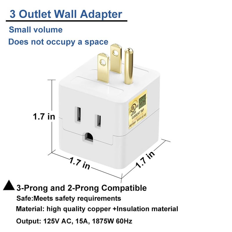 PaeorRorL Outlet Splitter 3 Prong,3 Outlet Wall Adapter,Cube Tap Plug Extender,3 Way Wall Outlet Adapter,Multiple Plug Expander,UL Listed,White,2 Pack - Image 2