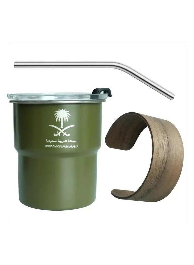 ELLEGLAM 304 Stainless Steel Coffee Mug 300ml Double Wall Leakproof Travel Cup with Straw Arabic Style Saudi Logo Reusable Thermo Mug for Hot Cold Drinks Portable for Home Office Outdoor Army Green - Image 2