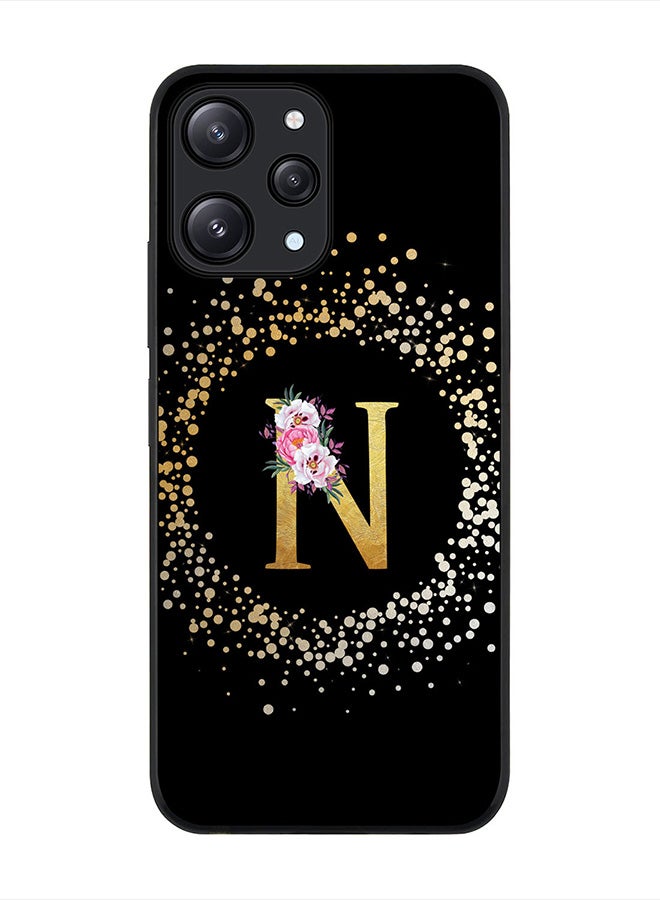 Stylizedd غطاء لهاتف Xiaomi Redmi 12 4G، غلاف أسود متين نحيف - حالة هاتف واقية - حرف مونوغرام مخصص بنمط زهور - N (أسود) - Image 1