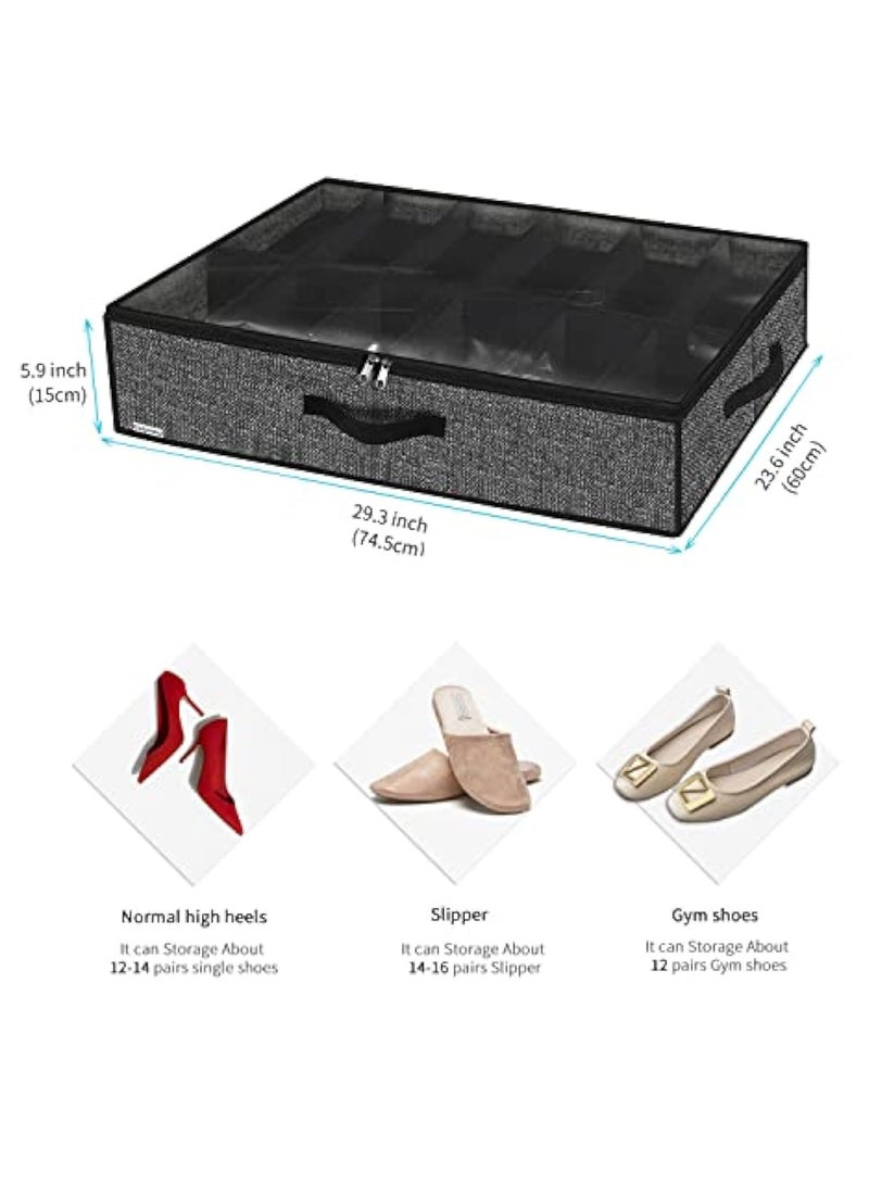 Arabest Sturdy Under Bed Shoe Storage Organizer, Set of 2, Fit 12 to 24 Pairs, Underbed Shoes Closet Storage Solution with Clear Window, Breathable, L29.3"x W23.6"x H5.9", Linen-like Black - Image 2