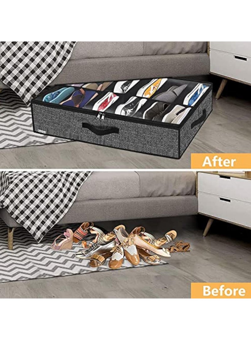 Arabest Sturdy Under Bed Shoe Storage Organizer, Set of 2, Fit 12 to 24 Pairs, Underbed Shoes Closet Storage Solution with Clear Window, Breathable, L29.3"x W23.6"x H5.9", Linen-like Black - Image 3