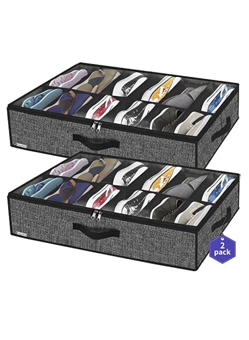 Arabest Sturdy Under Bed Shoe Storage Organizer, Set of 2, Fit 12 to 24 Pairs, Underbed Shoes Closet Storage Solution with Clear Window, Breathable, L29.3"x W23.6"x H5.9", Linen-like Black - Image 1