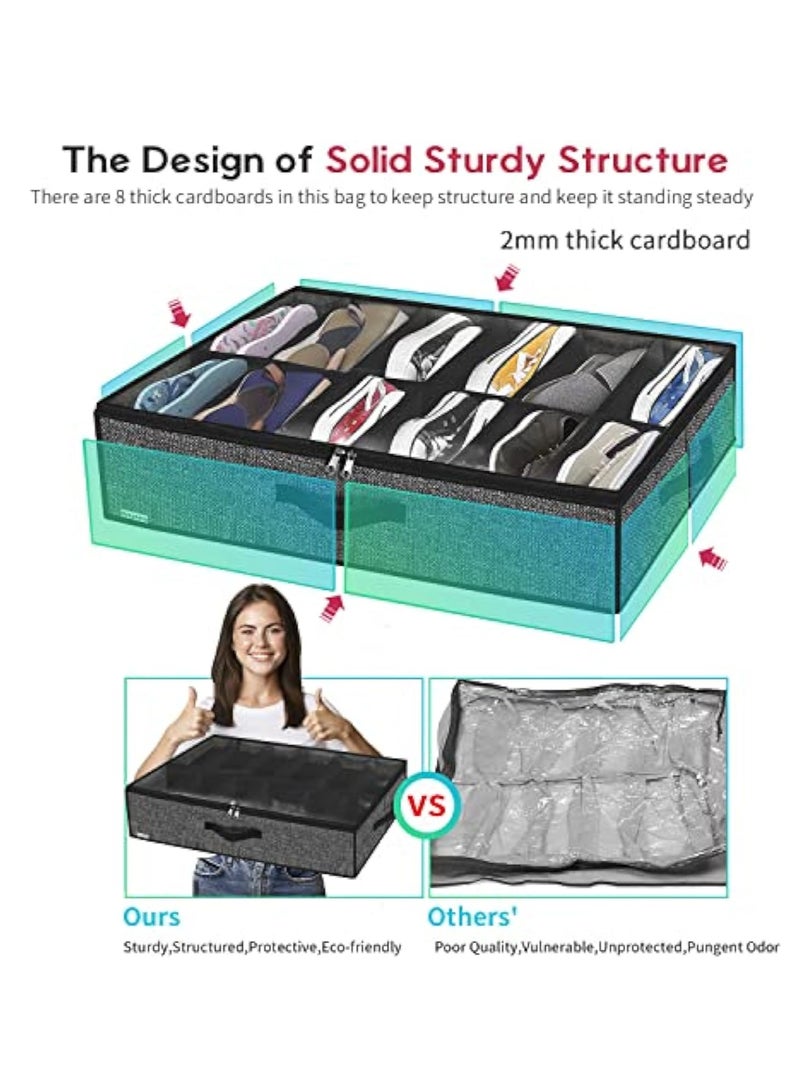 Arabest Sturdy Under Bed Shoe Storage Organizer, Set of 2, Fit 12 to 24 Pairs, Underbed Shoes Closet Storage Solution with Clear Window, Breathable, L29.3"x W23.6"x H5.9", Linen-like Black - Image 5