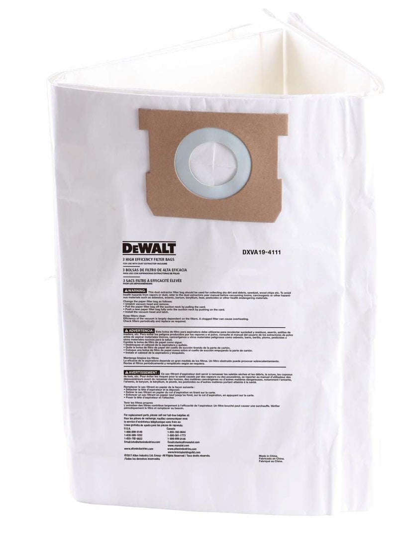 DEWALT 3 Pack DEWALT Fine Dust Bag DXVA19-4111, for 6-10 Gallon Wet/Dry Vacuum, Filter Bag Compatible with DXV06P DXV09P DXV09PA DXV10P DXV10PL DXV10S DXV10SA DXV10SB - Image 1