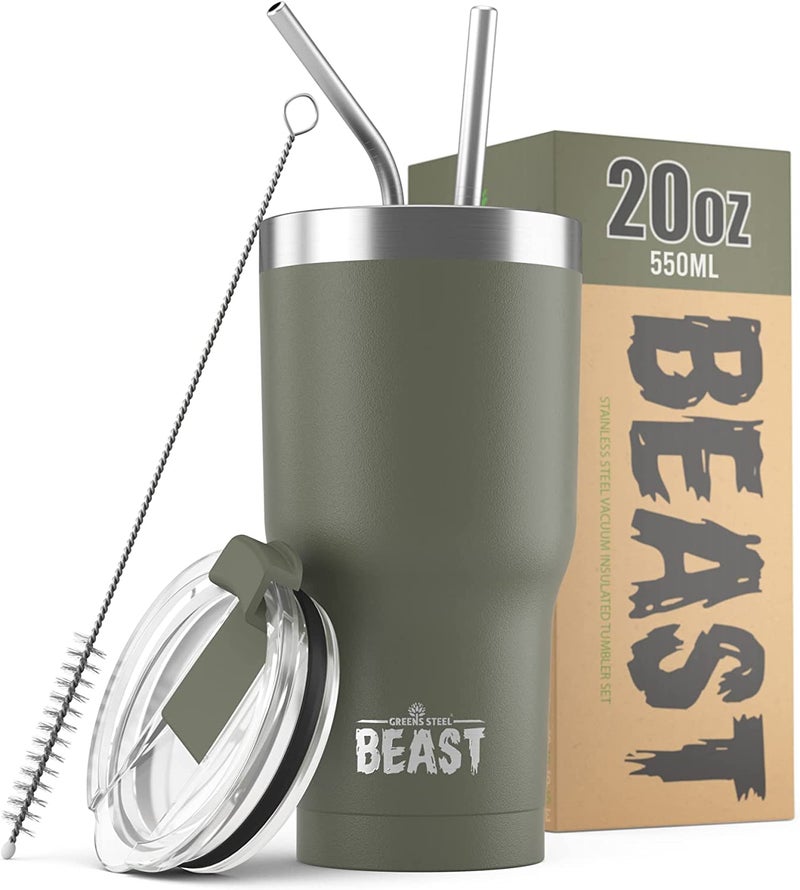 Greens Steel Beast 20 oz Tumbler Stainless Steel Vacuum Insulated Coffee Ice Cup Double Wall Travel Flask (Army Green)  - Image 2