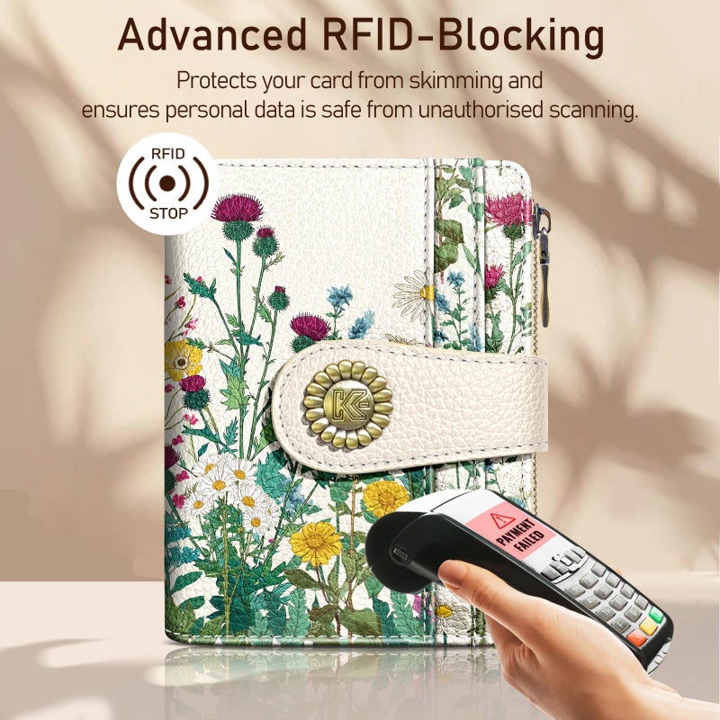 Kelvoris Aesthetic Flower Floral Small Rfid Women Wallet Bifold Zipper Coin Pocket PU Leather Compact Cash Credit Card Holder Travel Wallet for Female Ladies Teen Girls 1 ID Window 10 Card Slots - Image 3