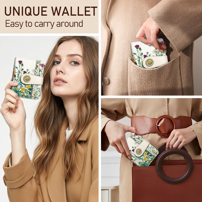 Kelvoris Aesthetic Flower Floral Small Rfid Women Wallet Bifold Zipper Coin Pocket PU Leather Compact Cash Credit Card Holder Travel Wallet for Female Ladies Teen Girls 1 ID Window 10 Card Slots - Image 2