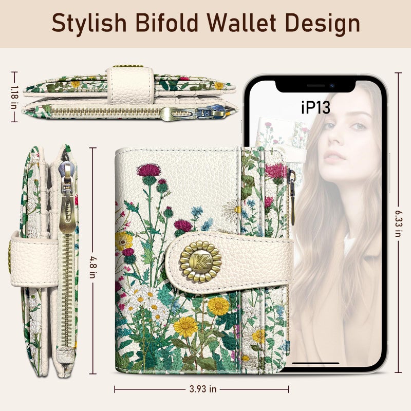 Kelvoris Aesthetic Flower Floral Small Rfid Women Wallet Bifold Zipper Coin Pocket PU Leather Compact Cash Credit Card Holder Travel Wallet for Female Ladies Teen Girls 1 ID Window 10 Card Slots - Image 5