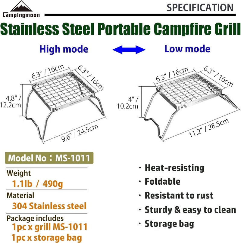 camping moon CAMPINGMOON Portable Folding Camping Campfire Grill over Fire Split Stoves 304 Stainless Steel (Grid wire (MS-1011)) - Image 3