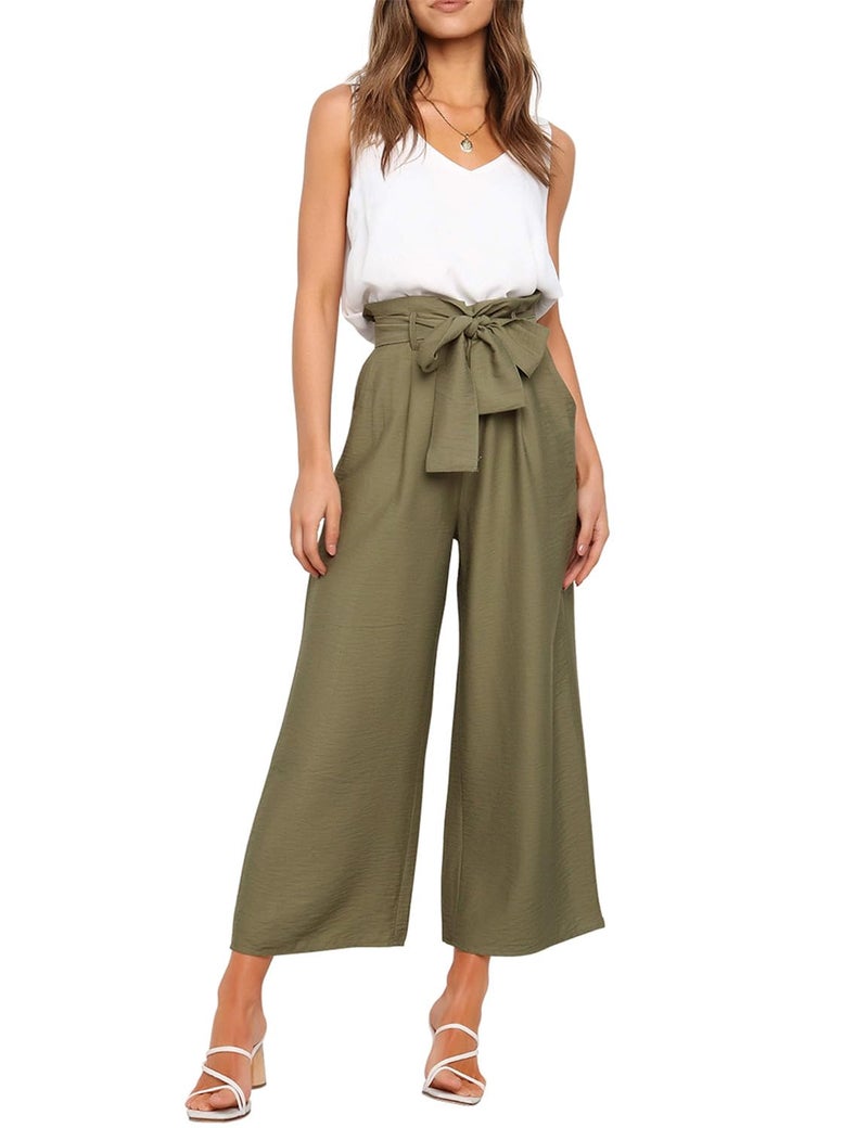 FANCYINN Womens 2 Piece Crop Pants Set V Neck Tank Wide Strap Tops High Waisted Cropped Paper Bag Pants with Belt Olive S - Image 1