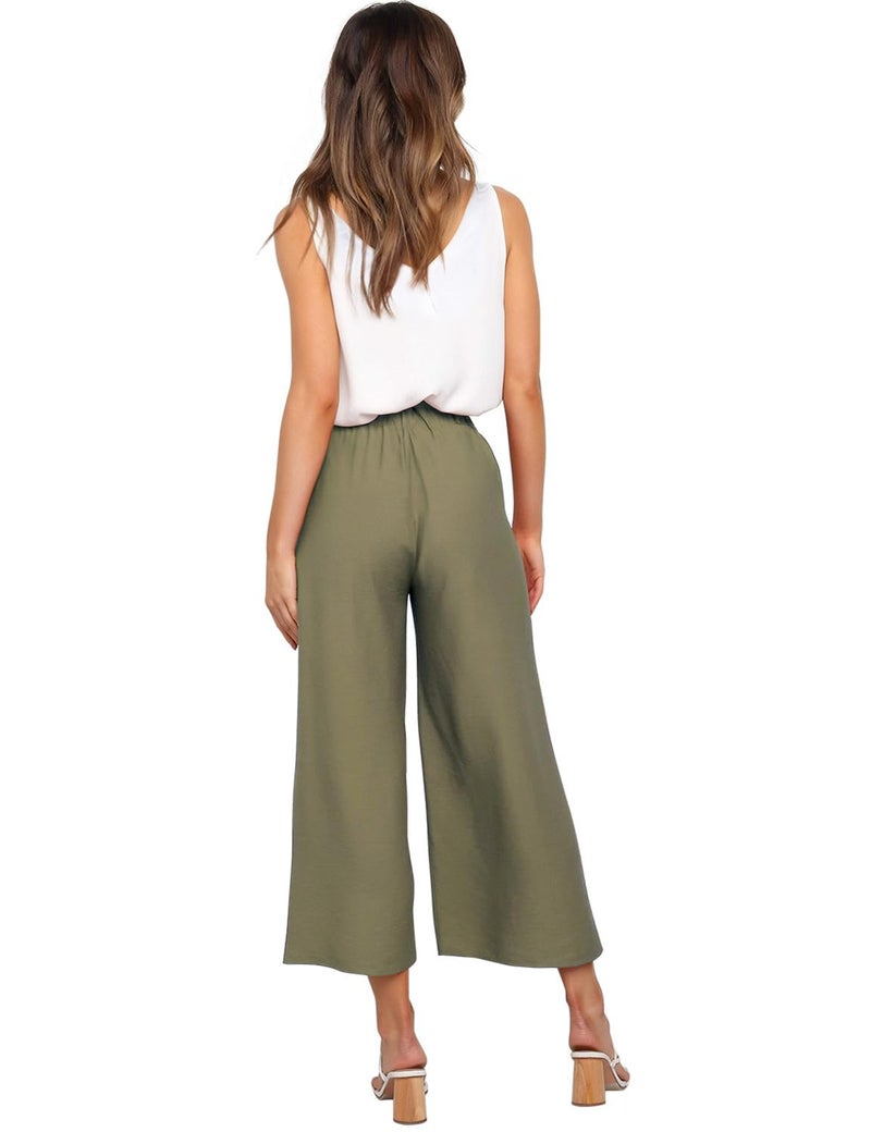 FANCYINN Womens 2 Piece Crop Pants Set V Neck Tank Wide Strap Tops High Waisted Cropped Paper Bag Pants with Belt Olive S - Image 4