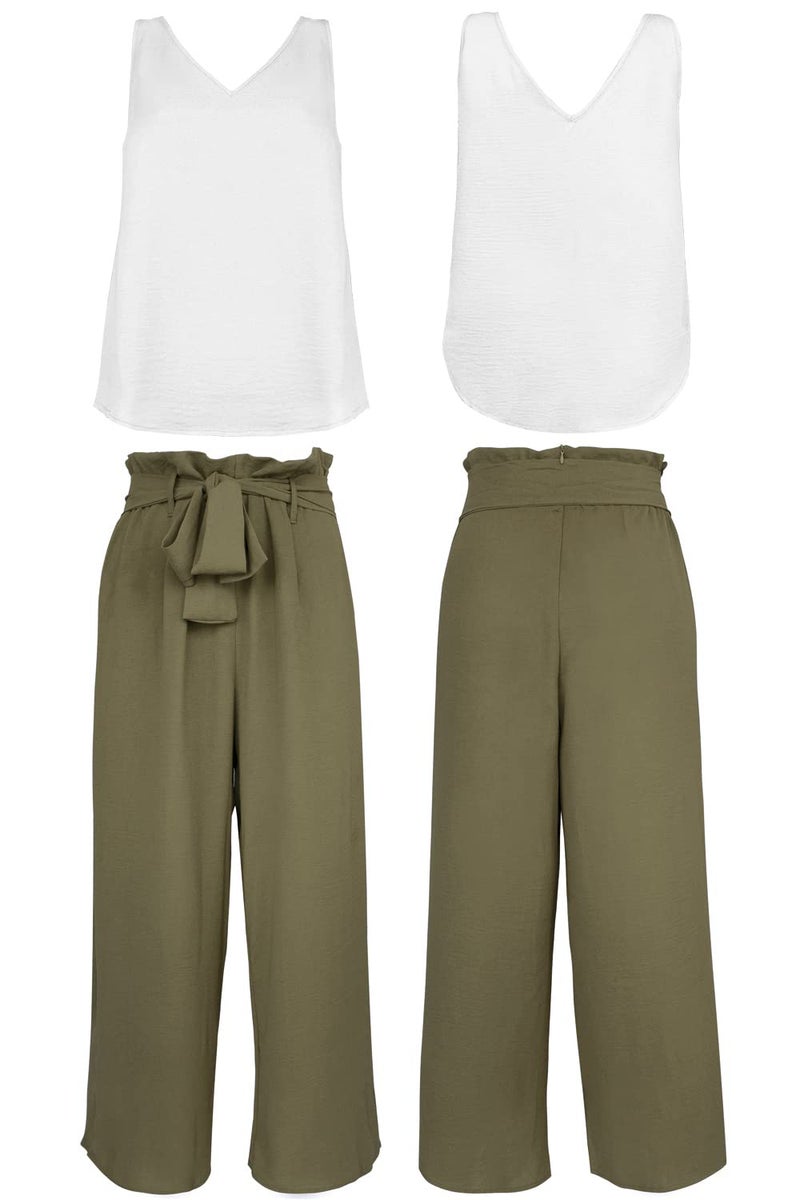 FANCYINN Womens 2 Piece Crop Pants Set V Neck Tank Wide Strap Tops High Waisted Cropped Paper Bag Pants with Belt Olive S - Image 5