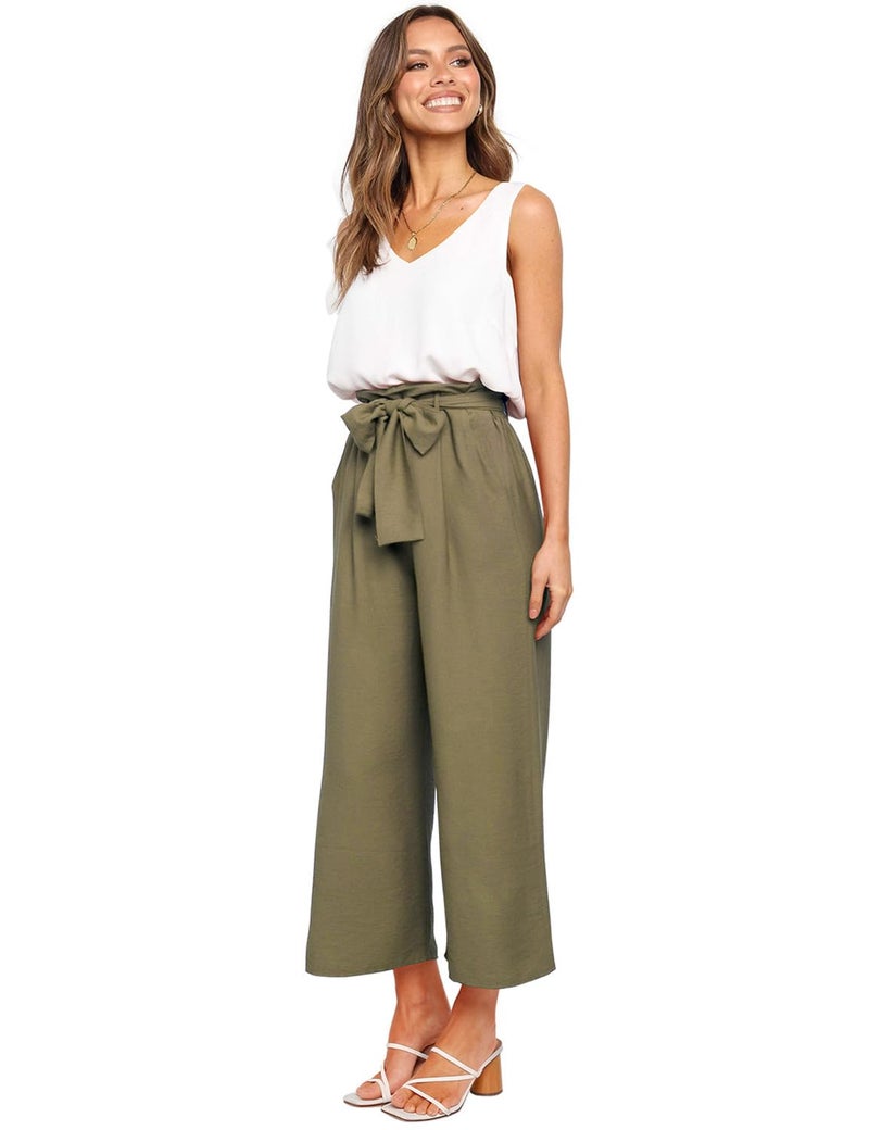 FANCYINN Womens 2 Piece Crop Pants Set V Neck Tank Wide Strap Tops High Waisted Cropped Paper Bag Pants with Belt Olive S - Image 3