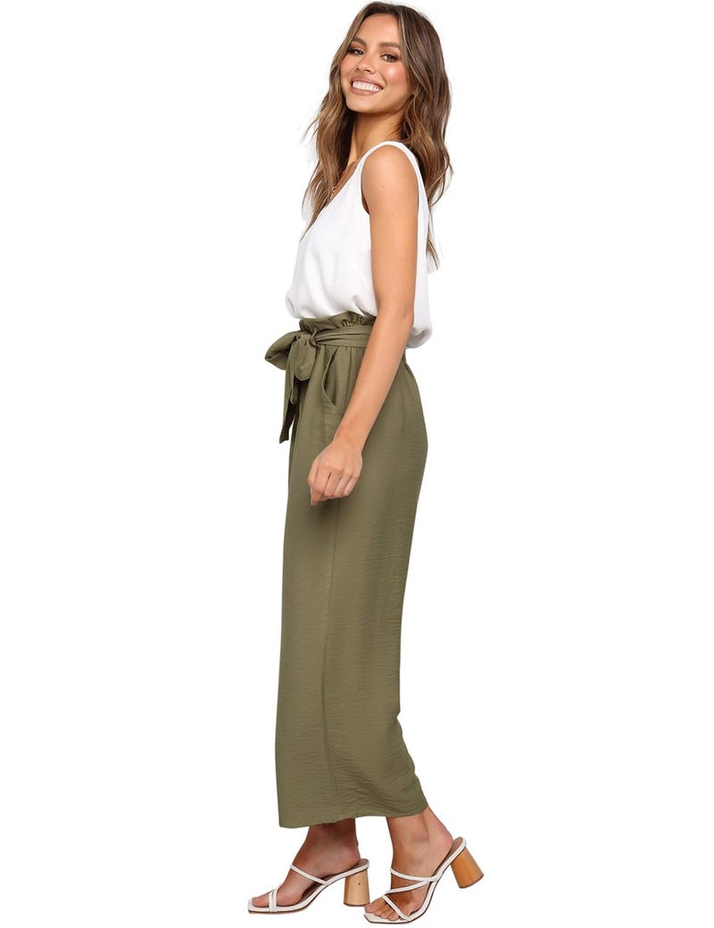 FANCYINN Womens 2 Piece Crop Pants Set V Neck Tank Wide Strap Tops High Waisted Cropped Paper Bag Pants with Belt Olive S - Image 2
