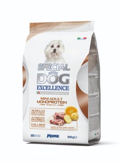 Monge Special Dog Excellence by Monge | Mini Adult Monoprotein Dry Food with Lamb, Rice, Potatoes, Linseed and Citrus Fruit | Super Premium Complementary Dry Dog Food - 800g 