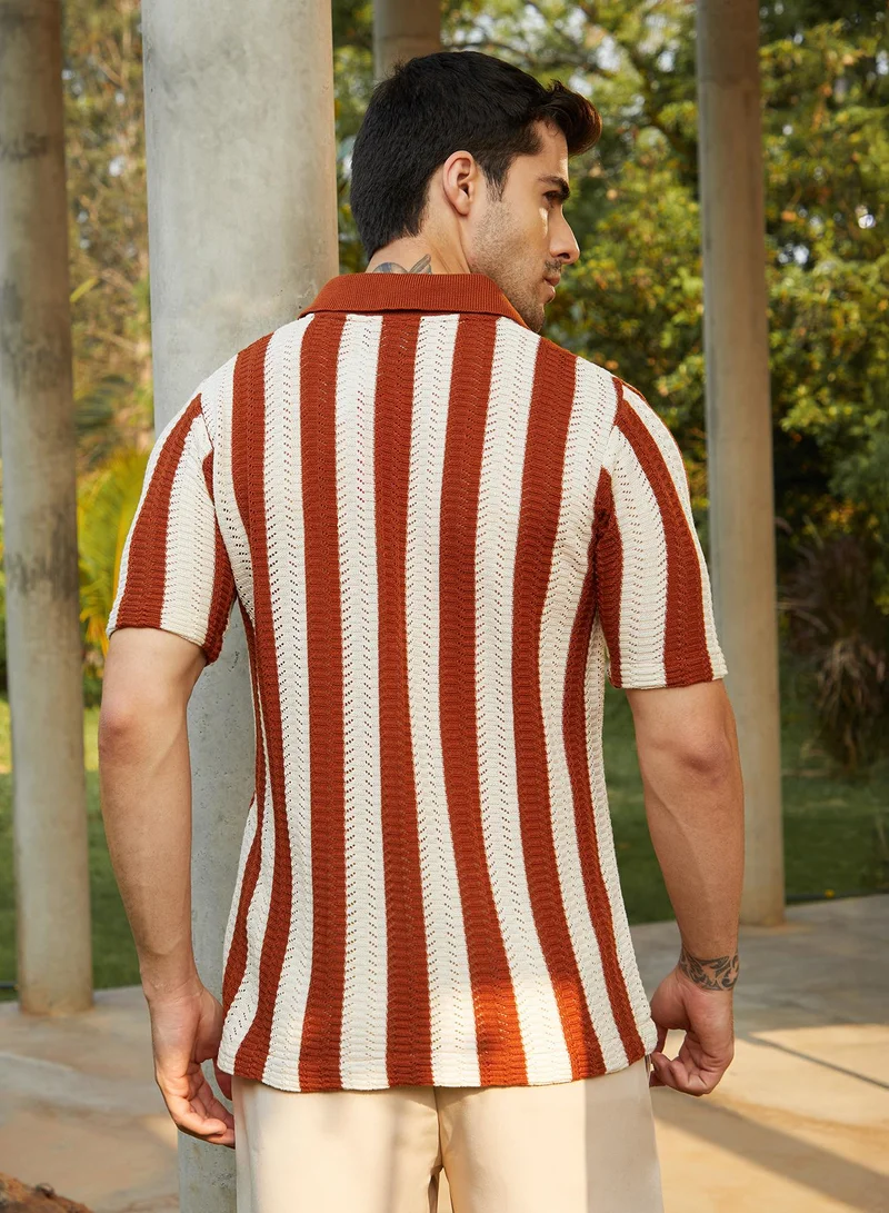 Campus Sutra Men's Russet Brown Panel-Knit Polo Shirt