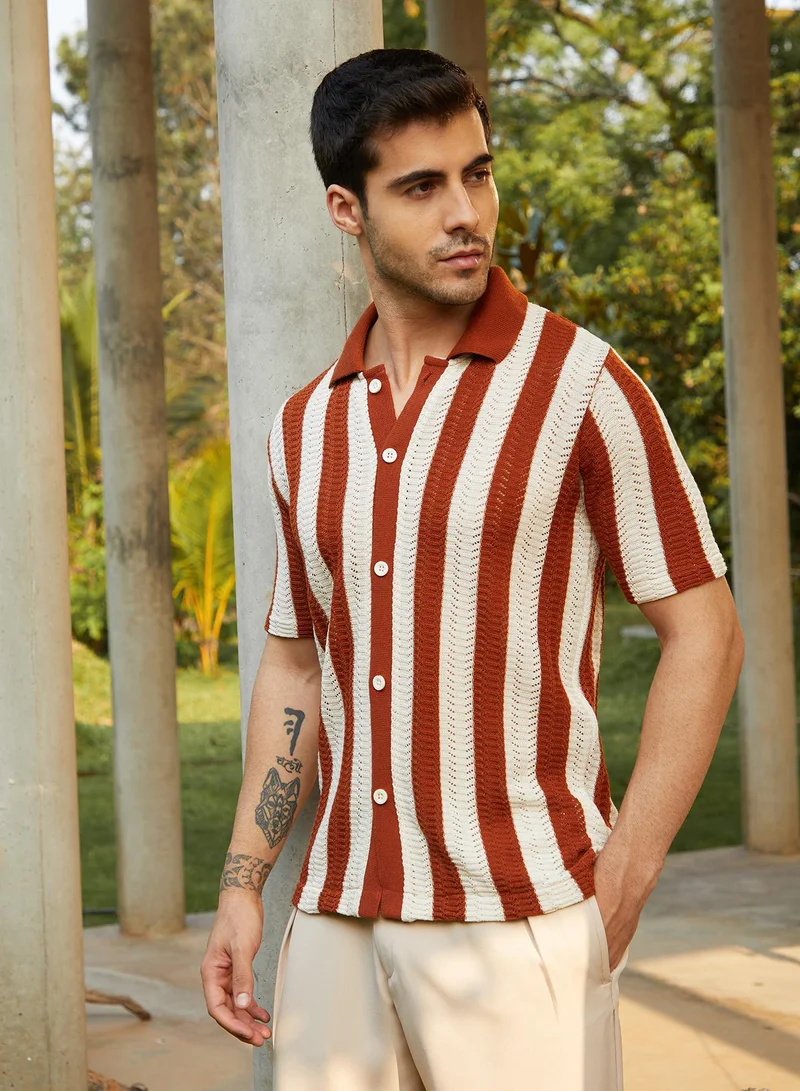 Campus Sutra Men's Russet Brown Panel-Knit Polo Shirt