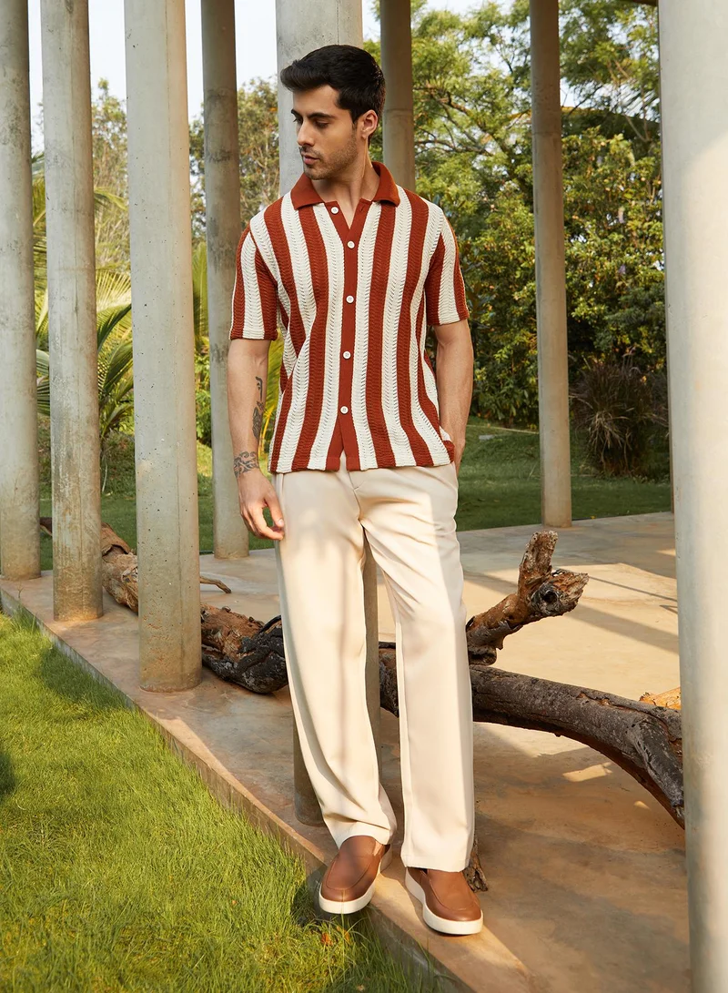 Campus Sutra Men's Russet Brown Panel-Knit Polo Shirt