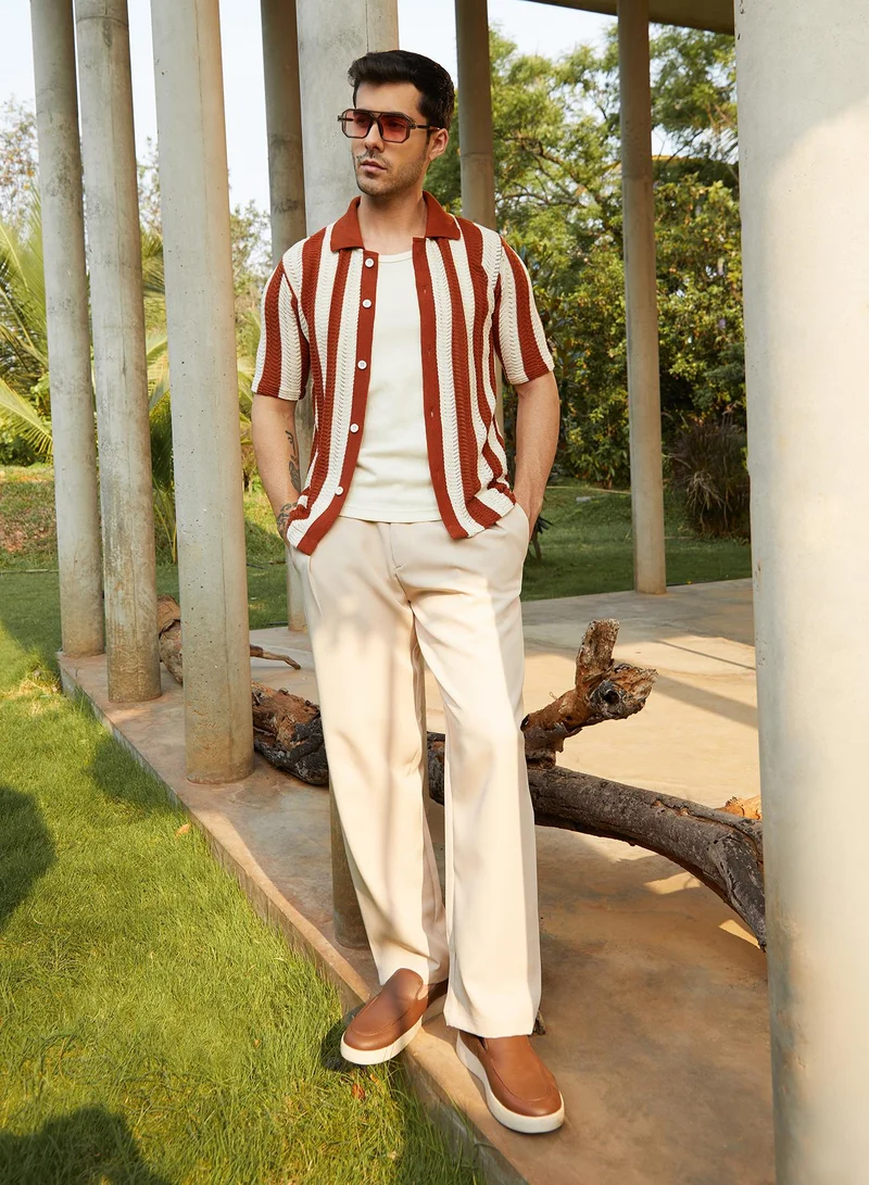 Campus Sutra Men's Russet Brown Panel-Knit Polo Shirt