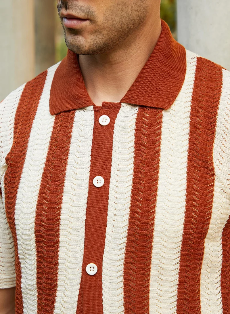 Campus Sutra Men's Russet Brown Panel-Knit Polo Shirt