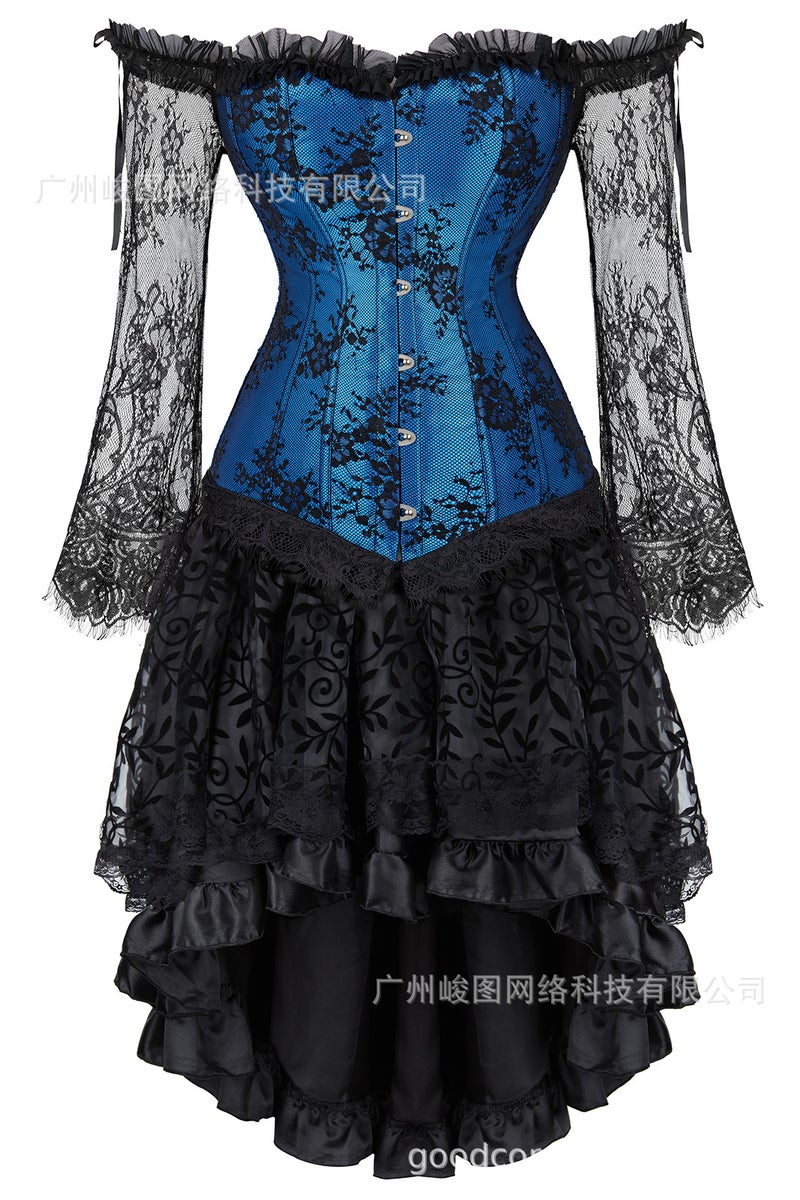 Classic Lotus Leaf Lace Jacquard Adjustable Court Body Shaping Split Set Flocking Luxury Long Dress - Image 1