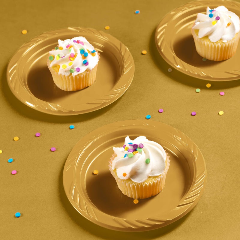 Munfix 6 Inch Gold Plastic Plates 100 Bulk Pack - Disposable Cake Plates for Dessert & Appetizers  BBQ  Party  Travel and Events  Microwavable Recyclable - Image 4