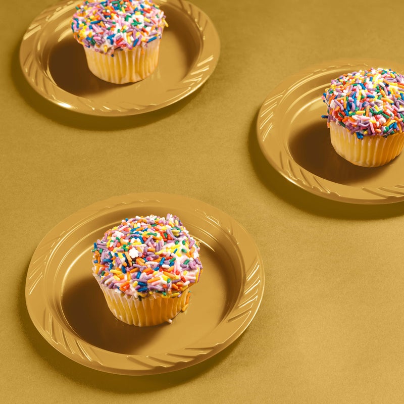 Munfix 6 Inch Gold Plastic Plates 100 Bulk Pack - Disposable Cake Plates for Dessert & Appetizers  BBQ  Party  Travel and Events  Microwavable Recyclable - Image 3