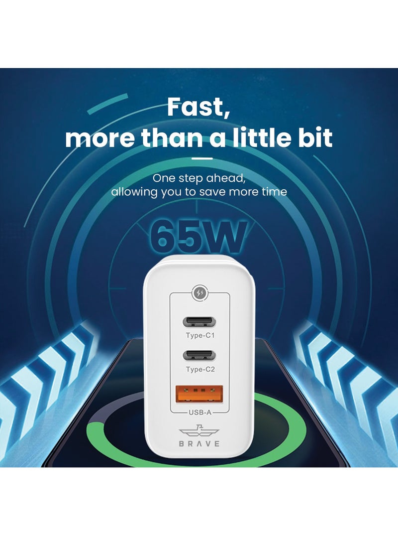 Brave - 65W 3-Port GaN Fast Charger Dual PD and USB Port including Type C to Lightning Cable For iPhone 15 Pro Max/Plus/14/13/12 Series, Samsung S23/S22, MacBook Pro, iPad, Huawei, Xiaomi  and Many More - Image 1