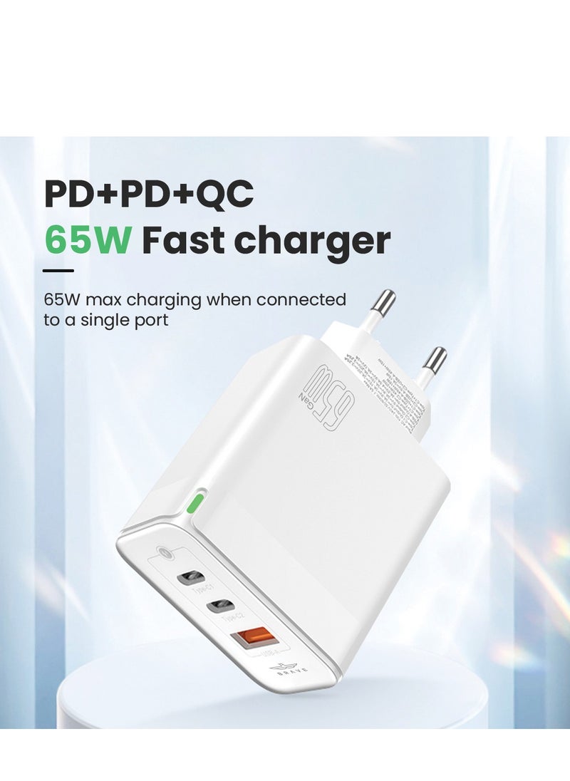 Brave - 65W 3-Port GaN Fast Charger Dual PD and USB Port including Type C to Lightning Cable For iPhone 15 Pro Max/Plus/14/13/12 Series, Samsung S23/S22, MacBook Pro, iPad, Huawei, Xiaomi  and Many More - Image 1