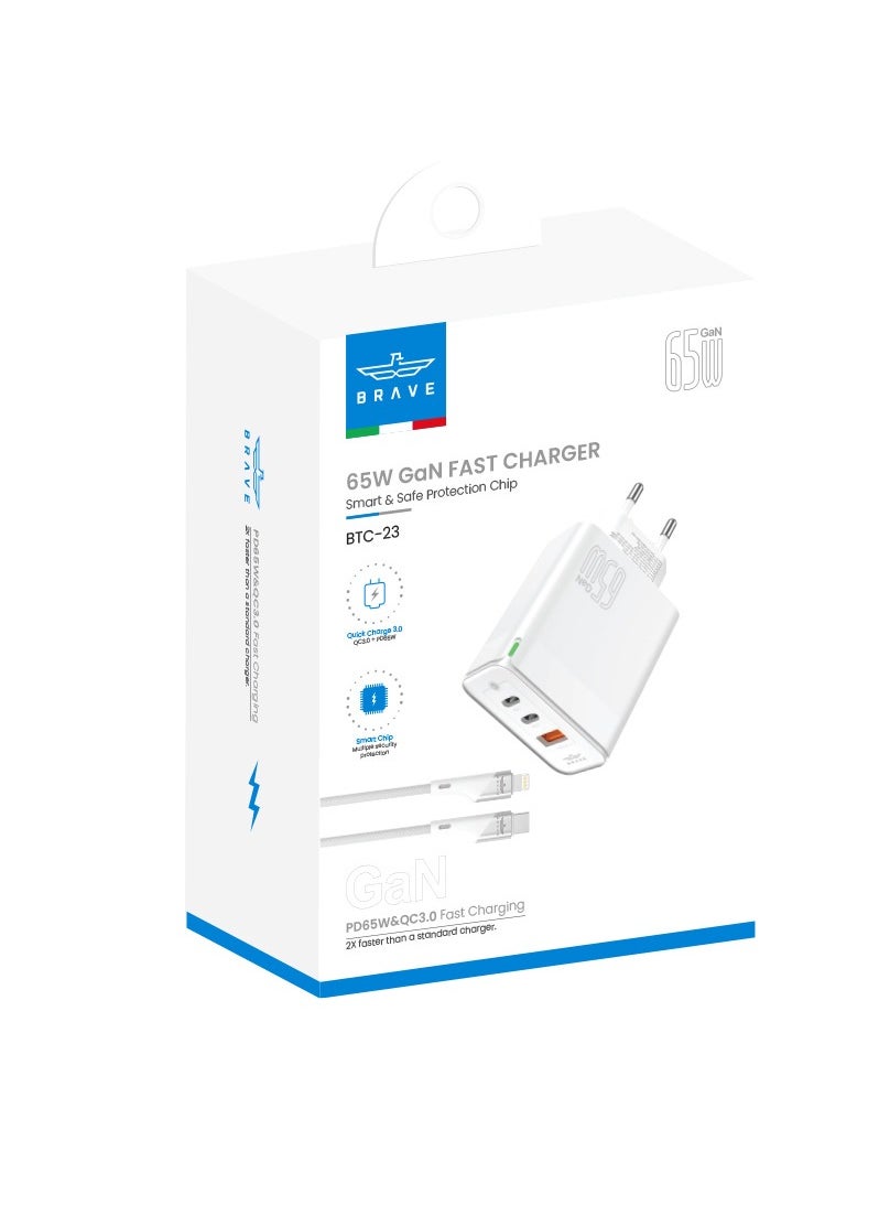 Brave - 65W 3-Port GaN Fast Charger Dual PD and USB Port including Type C to Lightning Cable For iPhone 15 Pro Max/Plus/14/13/12 Series, Samsung S23/S22, MacBook Pro, iPad, Huawei, Xiaomi  and Many More - Image 1