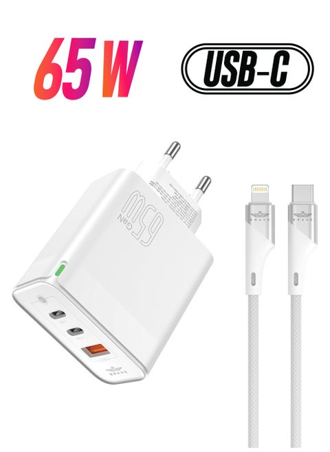 65W 3-Port GaN Fast Charger Dual PD and USB Port including Type C to Lightning Cable For iPhone 15 Pro Max/Plus/14/13/12 Series, Samsung S23/S22, MacBook Pro, iPad, Huawei, Xiaomi  and Many More