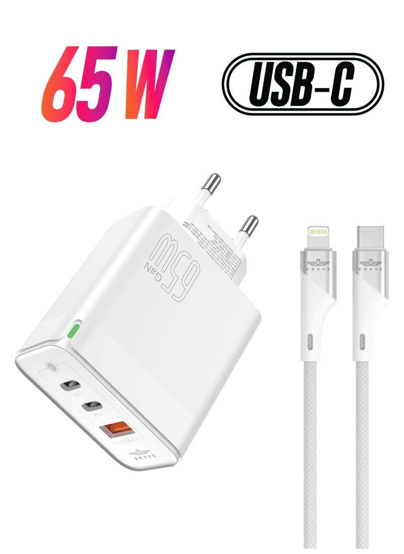 Brave - 65W 3-Port GaN Fast Charger Dual PD and USB Port including Type C to Lightning Cable For iPhone 15 Pro Max/Plus/14/13/12 Series, Samsung S23/S22, MacBook Pro, iPad, Huawei, Xiaomi  and Many More - Image 1