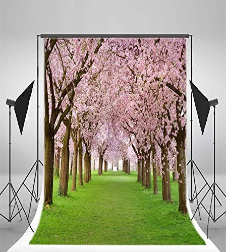 AOFOTO 5x7ft Spring Cherry Flower Photography Backdrop Pink Cherry Blossoms Green Grassland Garden Park Nature Scenery Background Floral Trees Pathway Road Kids Girls Birthday Photo Shoot Props - Image 2