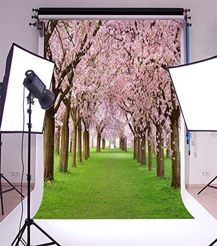 AOFOTO 5x7ft Spring Cherry Flower Photography Backdrop Pink Cherry Blossoms Green Grassland Garden Park Nature Scenery Background Floral Trees Pathway Road Kids Girls Birthday Photo Shoot Props - Image 3