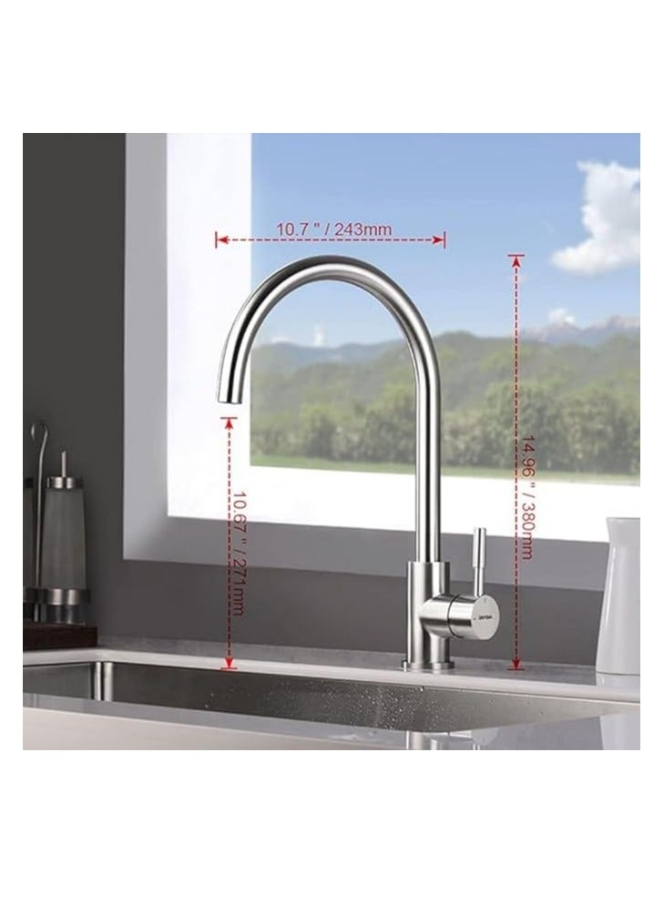 خلاط حوض المطبخ بفتحة واحدة، ذراع واحد يدور بزاوية 360 درجة، صنبور مرتفع لحوض المطبخ مع تجهيزات قياسية في المملكة المتحدة، كروم، فضي - Image 4