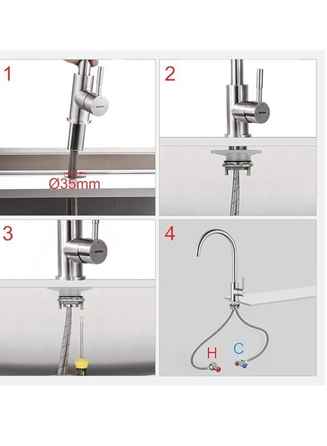خلاط حوض المطبخ بفتحة واحدة، ذراع واحد يدور بزاوية 360 درجة، صنبور مرتفع لحوض المطبخ مع تجهيزات قياسية في المملكة المتحدة، كروم، فضي - Image 2