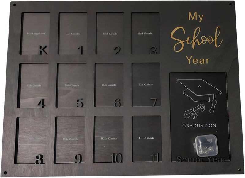 School Years Photo Frame – Black Wood-Look Graduation Collage Frame with 13 Photo Slots (K-12) and Special Graduation Section, 15.75 Inch X 11.81 Inch, Memory Keepsake for Kids - Image 1