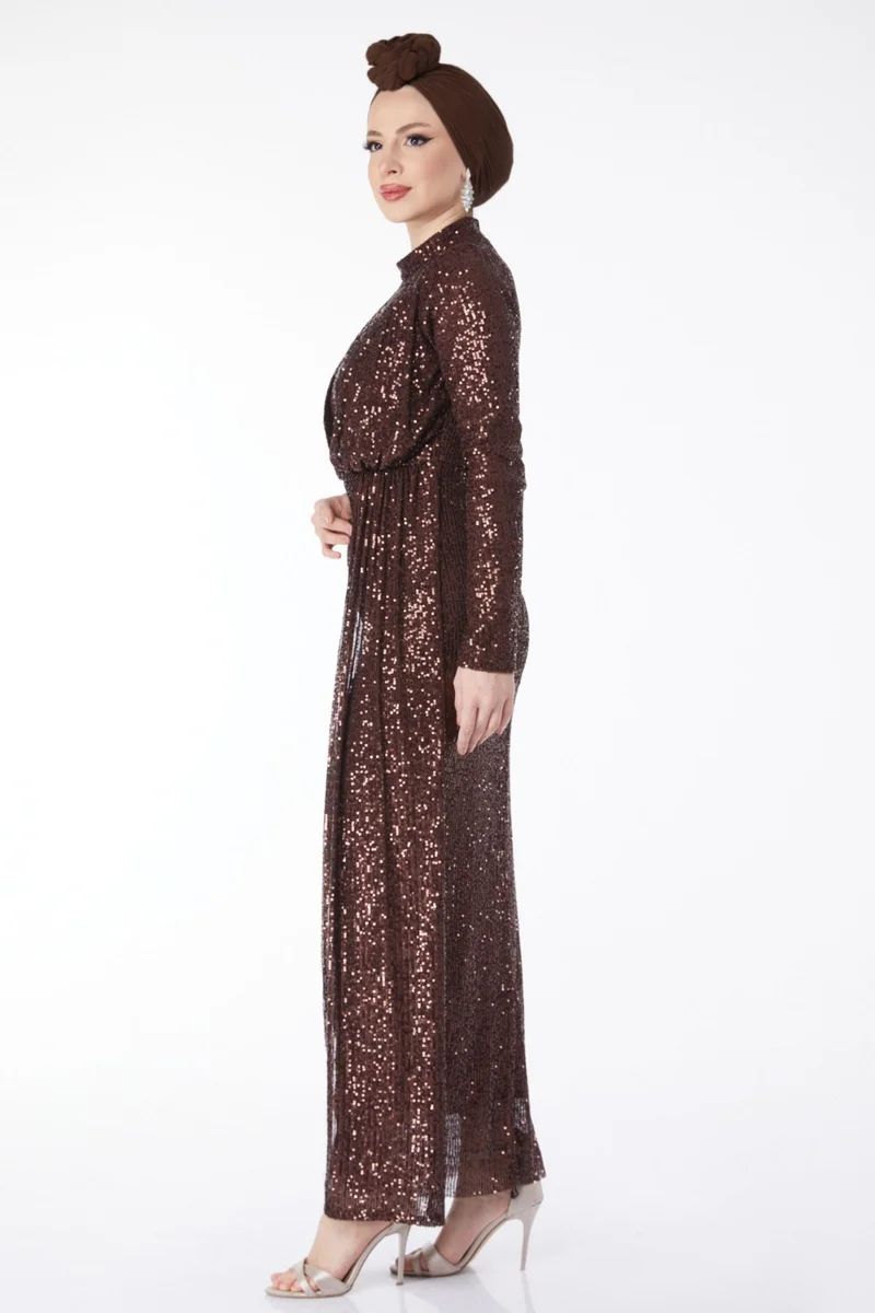Tofisa 24598-COFFEE Double Breasted Sequined Evening Dress