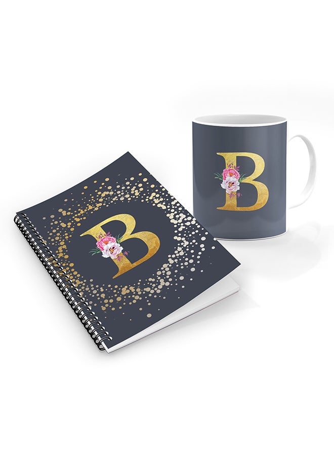 Stylizedd Printed Coffee Mug + A5 Spiral Notebook Memo Personalised Combo Gift Set Custom Monogram Initial Letter Floral Pattern Alphabet - B  (Grey )