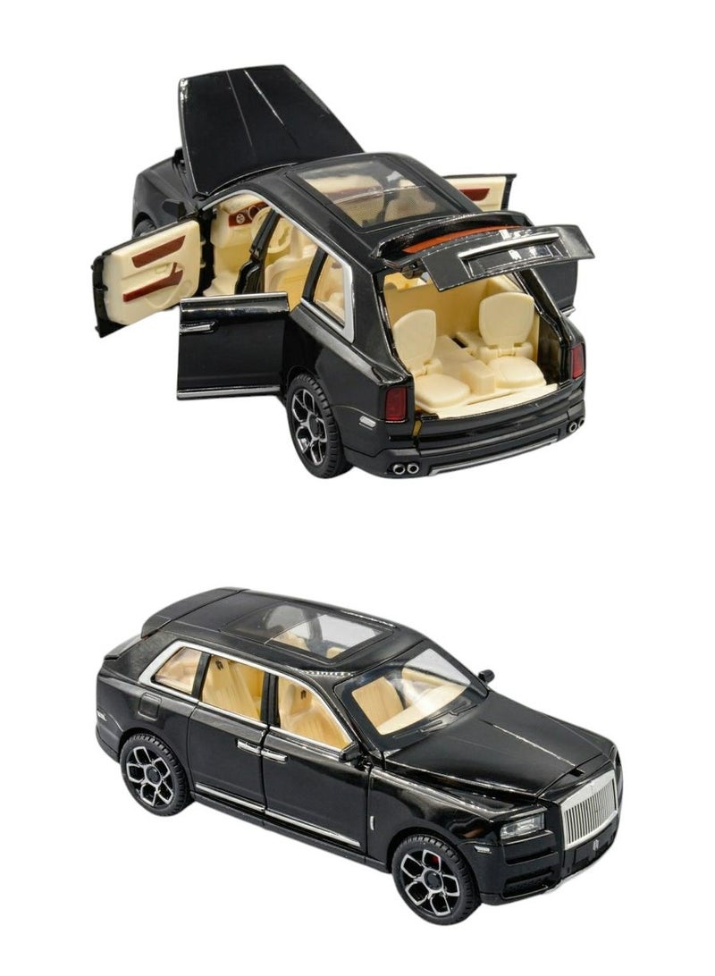 داي كاست 1:24 متوافقة مع لعبة سيارة رولز رويس كولينان النموذجية، سيارة لعبة من سبائك الزنك قابلة للسحب للخلف مع صوت وضوء، أبواب قابلة للفتح للأطفال والكبار (أسود) - Image 1