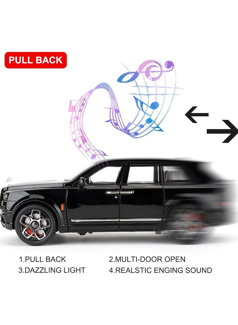 داي كاست 1:24 متوافقة مع لعبة سيارة رولز رويس كولينان النموذجية، سيارة لعبة من سبائك الزنك قابلة للسحب للخلف مع صوت وضوء، أبواب قابلة للفتح للأطفال والكبار (أسود) - Image 2