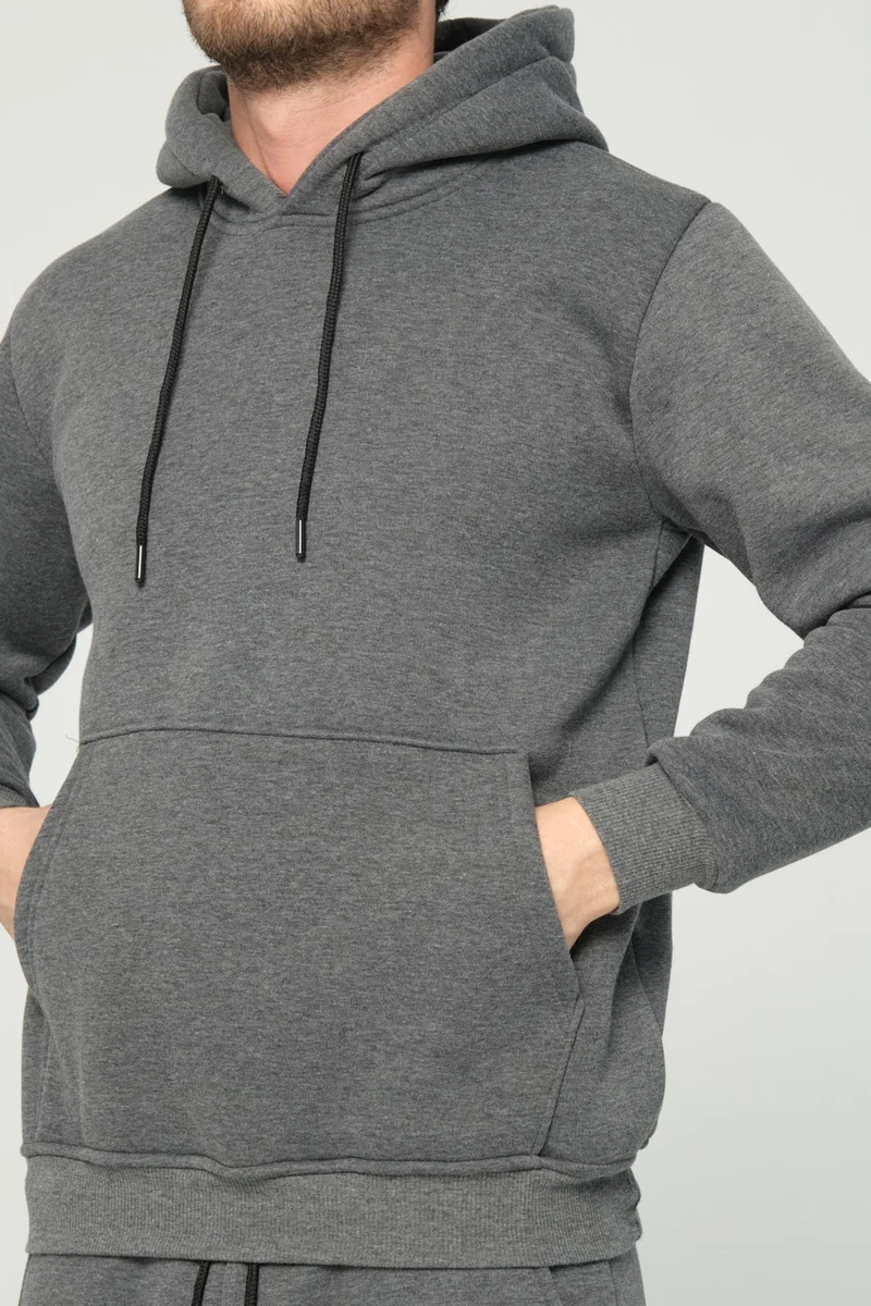 Four Man Men's Anthracite Gray Standard Fit Regular Cut Polar Fleece 3 Thread Hooded Zippered Sweatshirt