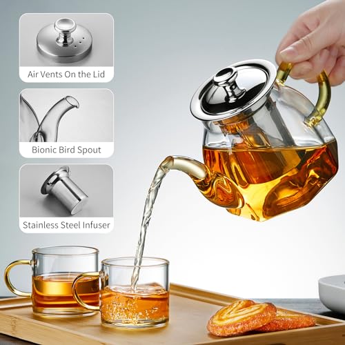 DOPUDO Glass Tea Pot with Stainless Steel Infuser and Lid (Octagonal), Clear Glass Teapot, Borosilicate Hydrochloric Glass Heat Resistant, Fine Glass Filter for Flower Tea, Tea Bags (27 oz / 800 ml) - Image 3