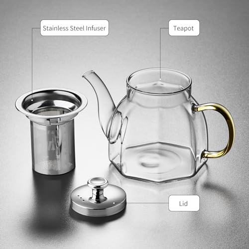 DOPUDO Glass Tea Pot with Stainless Steel Infuser and Lid (Octagonal), Clear Glass Teapot, Borosilicate Hydrochloric Glass Heat Resistant, Fine Glass Filter for Flower Tea, Tea Bags (27 oz / 800 ml) - Image 4