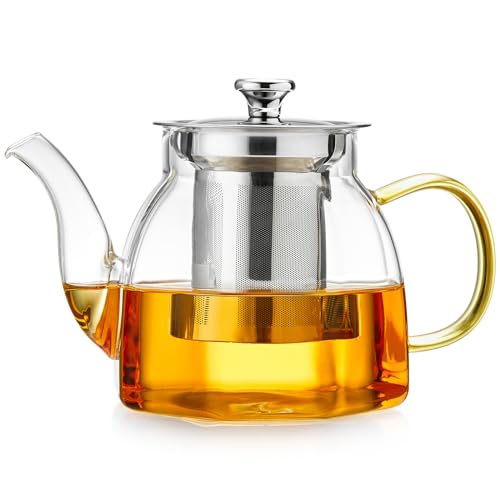DOPUDO Glass Tea Pot with Stainless Steel Infuser and Lid (Octagonal), Clear Glass Teapot, Borosilicate Hydrochloric Glass Heat Resistant, Fine Glass Filter for Flower Tea, Tea Bags (27 oz / 800 ml) - Image 1