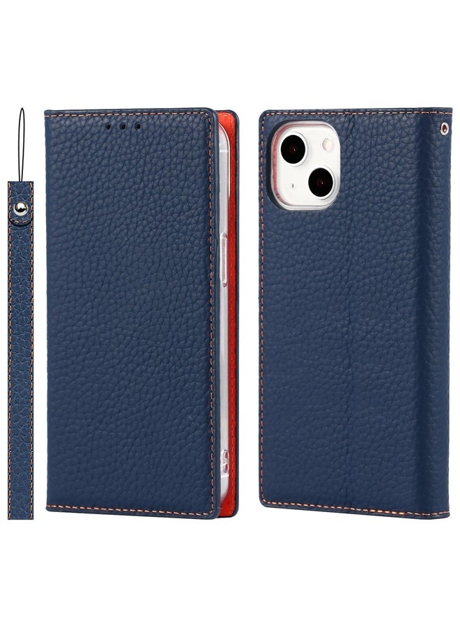 Case Cover For iPhone 13 Litchi Texture Genuine Leather Phone Case With Lanyard & Holder & Card Slots & Wallet(Dark Blue)