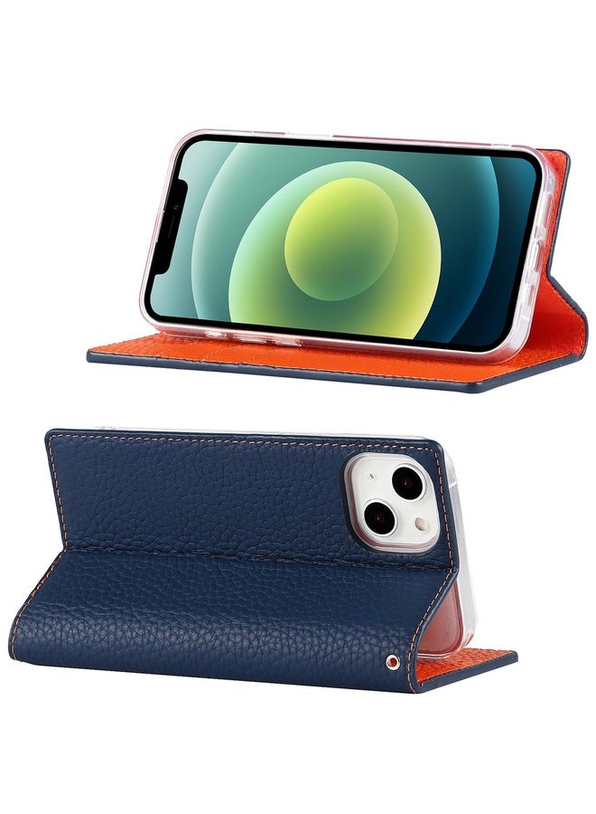 Case Cover For iPhone 13 Litchi Texture Genuine Leather Phone Case With Lanyard & Holder & Card Slots & Wallet(Dark Blue)