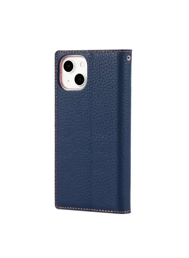 Case Cover For iPhone 13 Litchi Texture Genuine Leather Phone Case With Lanyard & Holder & Card Slots & Wallet(Dark Blue)